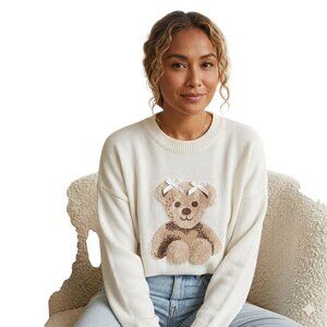 Sincerely Jules Teddy Bear Intarsia Sweater White Bow Viral Trending Size XL